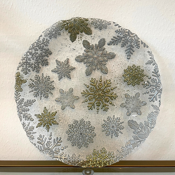 Artistic Accents Turkish Glass Serving Platter 13in Gold Silver Snowflakes NEW - Picture 11 of 11
